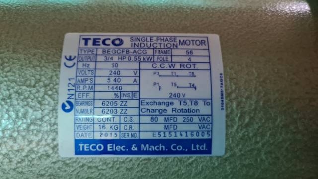 Teco 0.55Kw, 1440 RPM 4 Pole, Single Phase Foot Mount Motor.