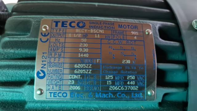 TECO 1.1kW, 1440RPM 4 Pole, Single Phase Flange Only Motors