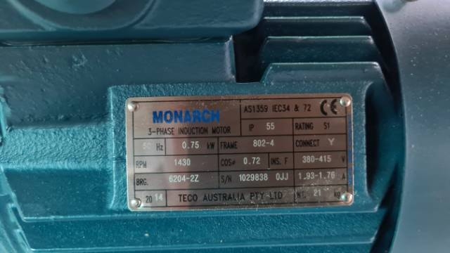 Monarch 0.75Kw, 1430 RPM 4 Pole Motor.