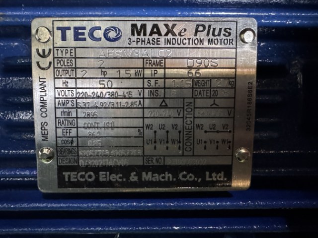 TECO MAXe Plus 1.5Kw, 2895 RPM, 2 Pole Electric Motor