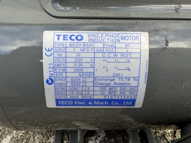 TECO 0.75Kw, 2 Pole Single Phase Electric Motor
