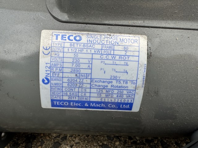 TECO 1.1Kw, 2890 RPM, 2 Pole, Flange Only Single Phase Electric Motor