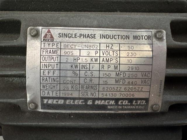TECO 1.5Kw, 2 Pole, Foot/Flange, Single Phase Electric Motor